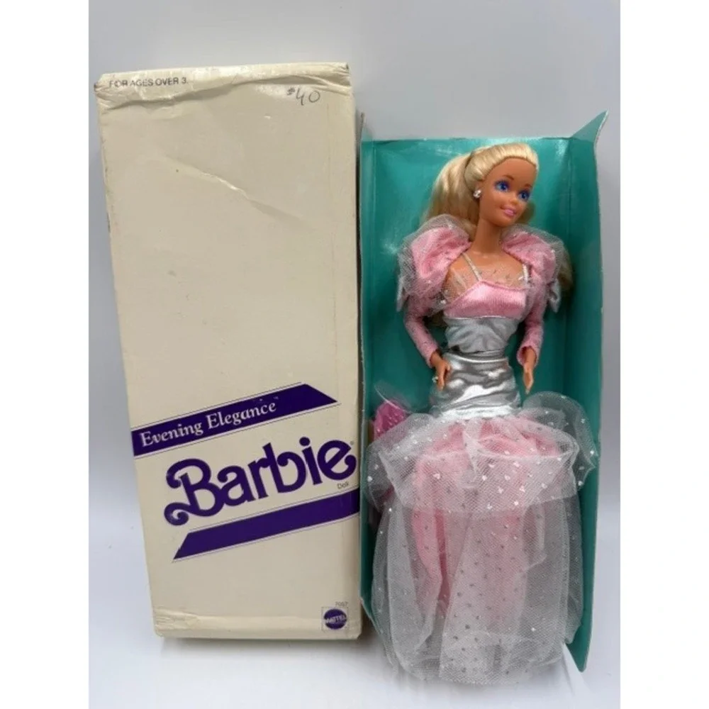 Vintage 1990 Mattel Evening Elegance Barbie Doll 7057 Pink Silver Gown Box